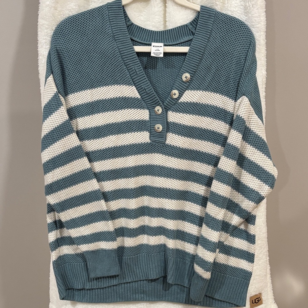 Pink Women's Teal and White Striped V-Neck oversized Sweater
